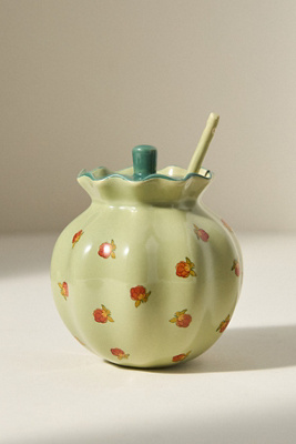 Anthropologie Georgie Handpainted Decaled Stoneware Honey Pot In Green