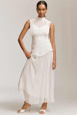Shona Joy Clemence Chiffon High-neck Midi Dress In White