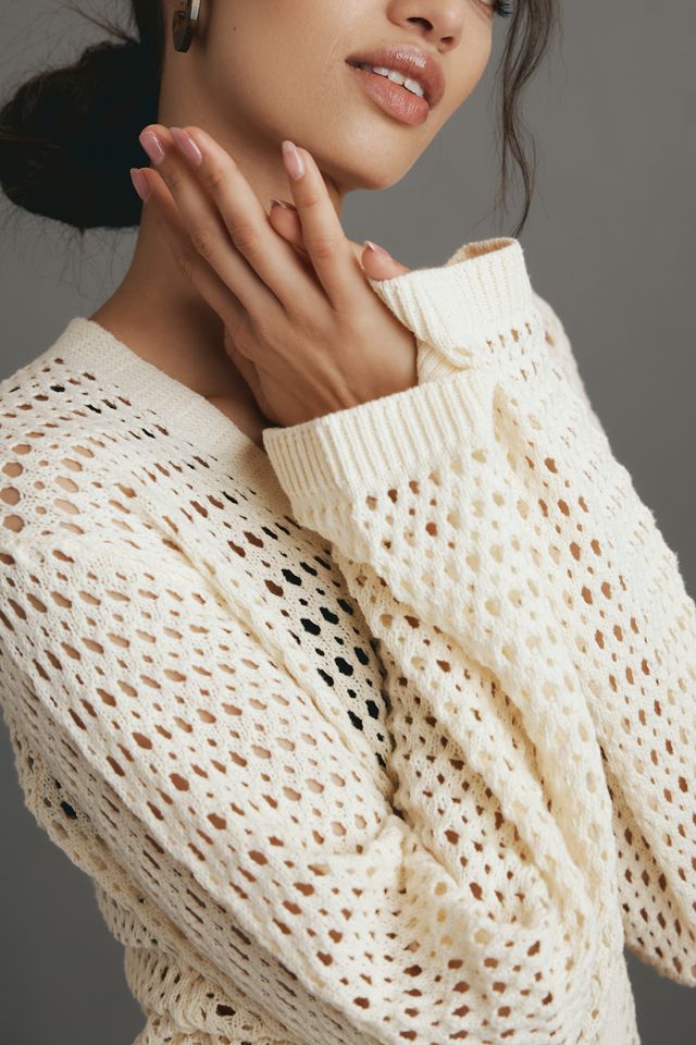 Flat White Long-Sleeve Crochet Tunic Top #3