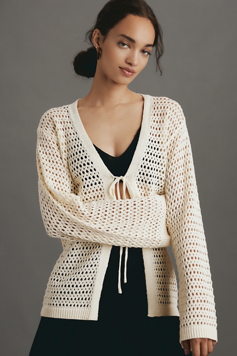 Flat White Long-Sleeve Crochet Tunic Top