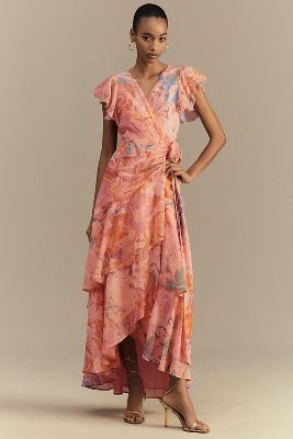 HUTCH CEZZA FLUTTER-SLEEVE RUFFLED WRAP MAXI DRESS 