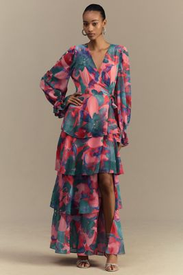 Hutch Bardot Long-Sleeve Tiered Wrap Maxi Dress