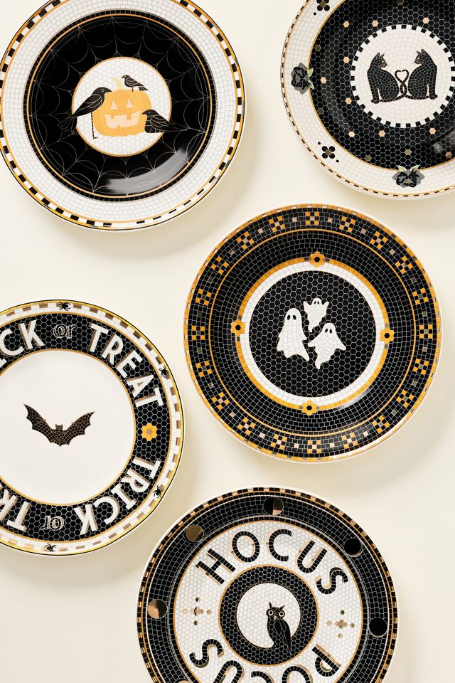 Bistro Tile Stoneware 24k Gold Accent Halloween Dessert Plate #3