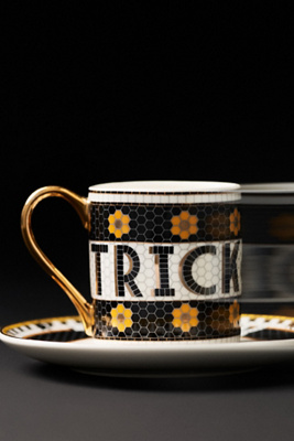Bistro Tile Stoneware 24k Gold Accent Halloween Espresso Cup