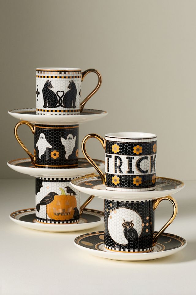 Bistro Tile Stoneware 24k Gold Accent Halloween Espresso Cup #4