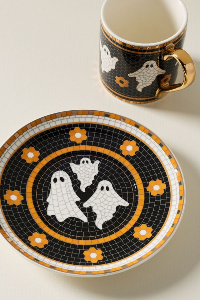 Bistro Tile Stoneware 24k Gold Accent Halloween Espresso Cup #2