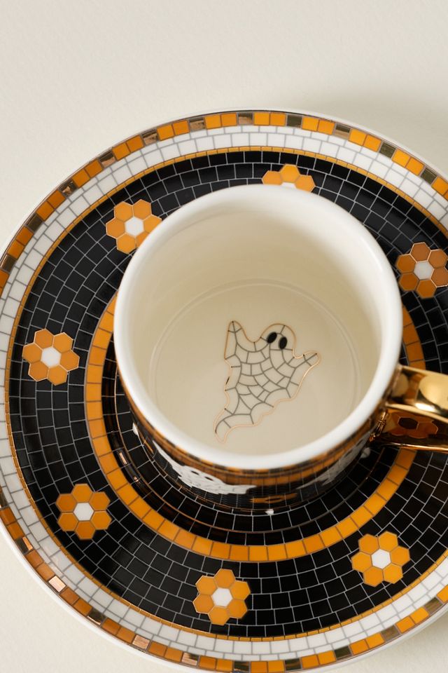 Bistro Tile Stoneware 24k Gold Accent Halloween Espresso Cup #3