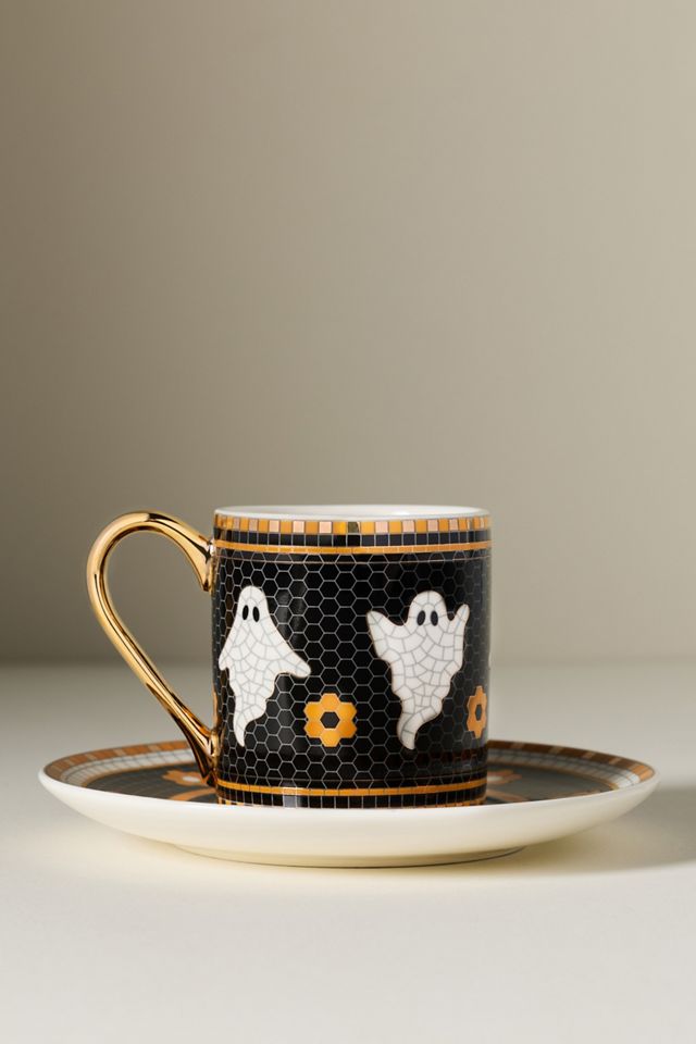 Bistro Tile Stoneware 24k Gold Accent Halloween Espresso Cup #1