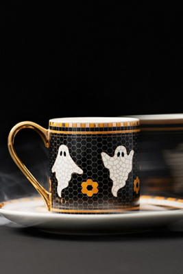 Bistro Tile Stoneware 24k Gold Accent Halloween Espresso Cup