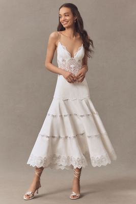 leilani dress in ivory Retrofete Linen Blend V-Neck Tiered Lace Midi adult-muslim-dress
