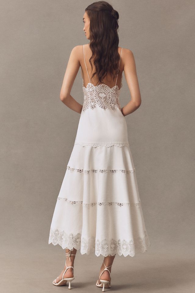 Retrofete Leilani Linen Blend V-Neck Tiered Lace Midi Dress #1