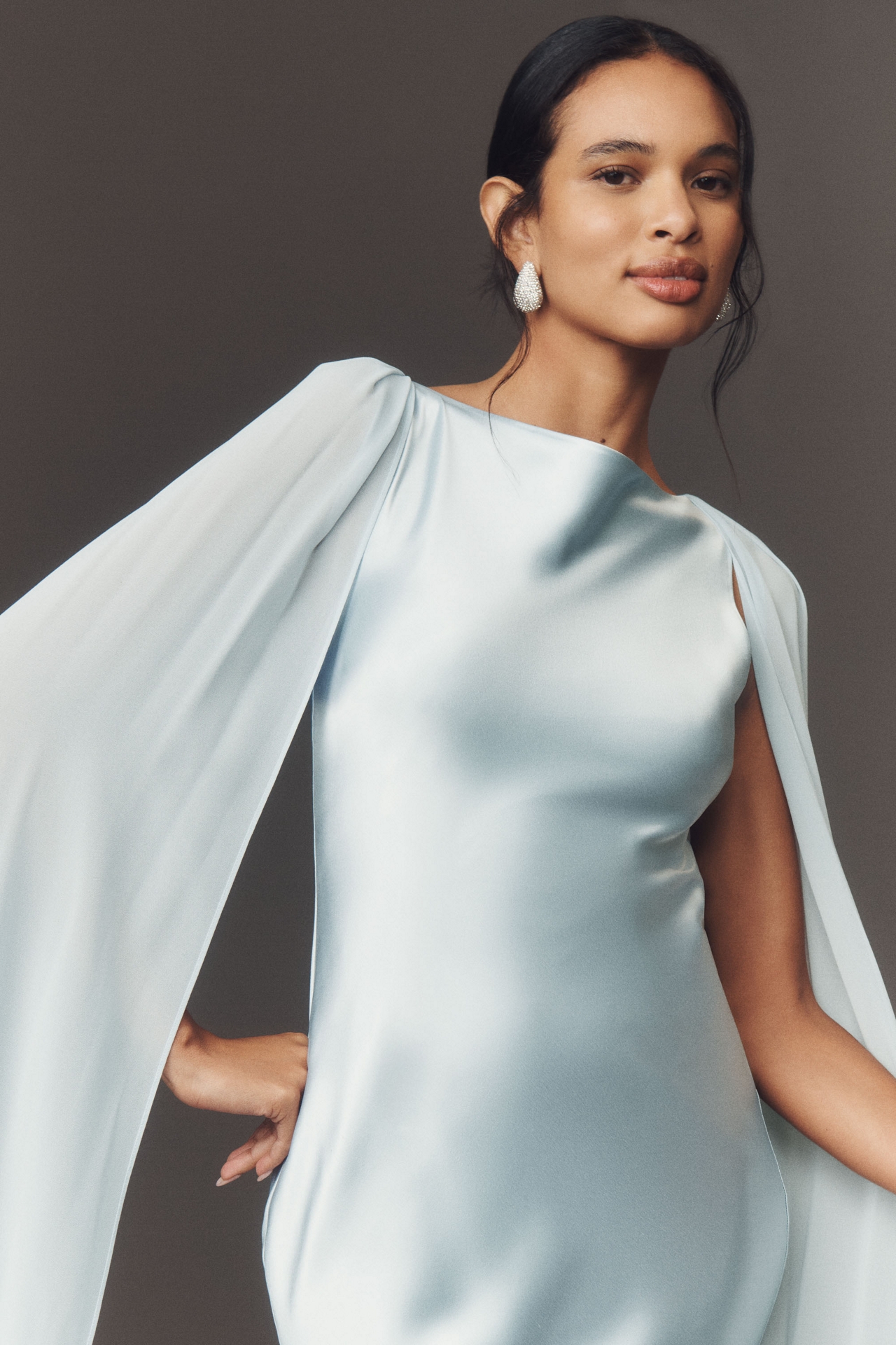Retrofete Julia Boat-Neck Open-Back Cape Satin Maxi Dress