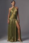 Retrofete Thalia Pleated Metallic Halter Side-Slit Drop-Waist Maxi Dress
