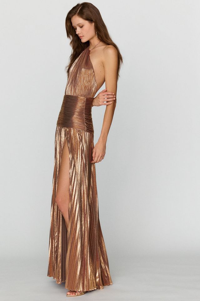 Retrofete Thalia Pleated Metallic Halter Side-Slit Drop-Waist Maxi Dress #2