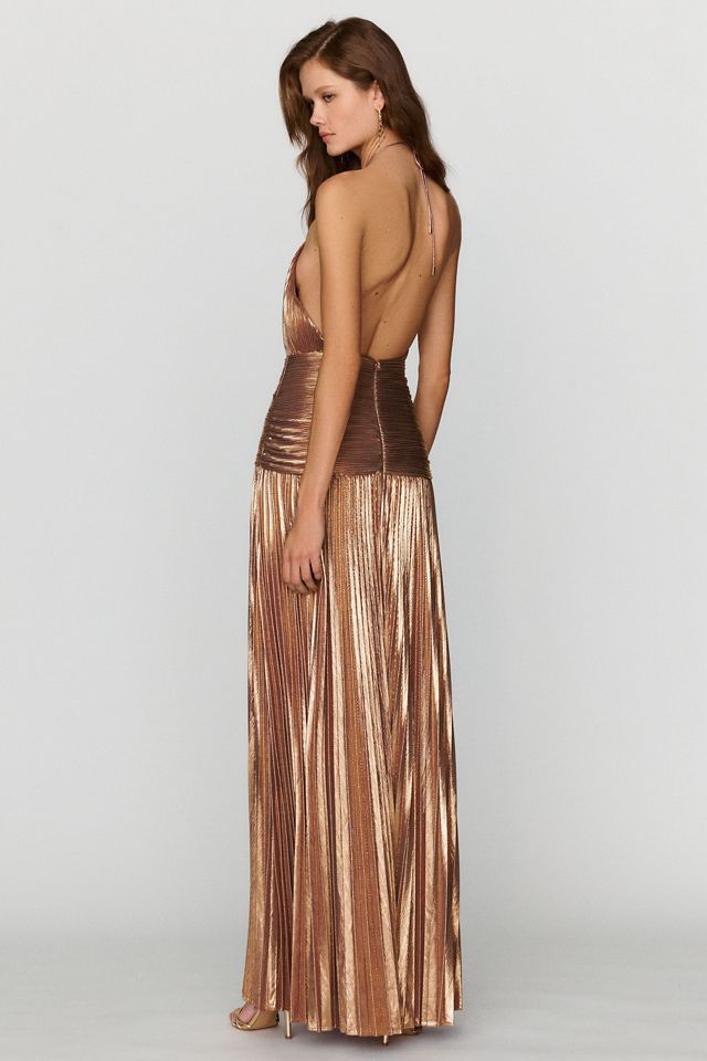 Retrofete Thalia Pleated Metallic Halter Side-Slit Drop-Waist Maxi Dress #3