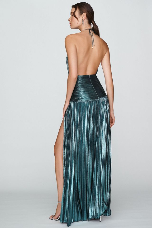Retrofete Thalia Pleated Metallic Halter Side-Slit Drop-Waist Maxi Dress #1
