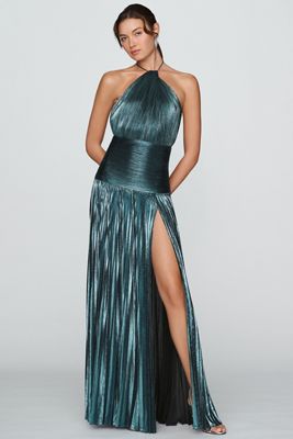 Retrofete Thalia Pleated Metallic Halter Side-Slit Drop-Waist Maxi Dress