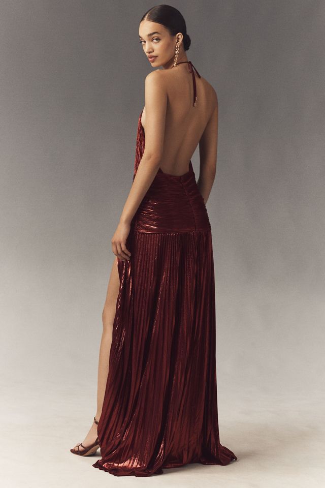 Retrofete Thalia Pleated Metallic Halter Side-Slit Drop-Waist Maxi Dress #1