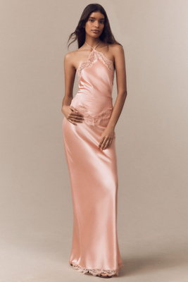 Retroféte Everly Halter Lace-trim Satin Maxi Dress In Pink