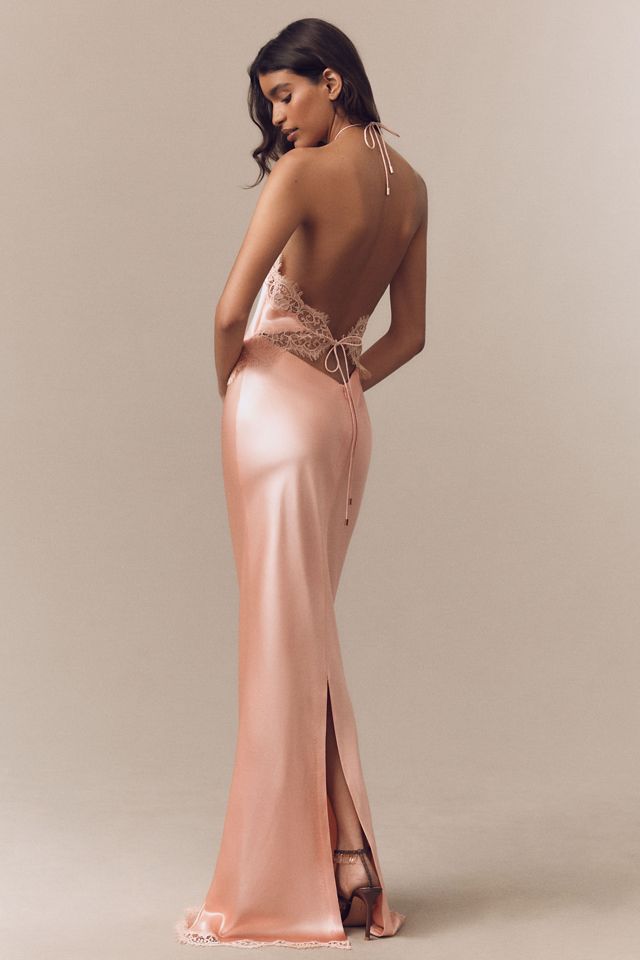 Retrofete Everly Halter Lace-Trim Satin Maxi Dress