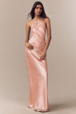 Retrofete Everly Halter Lace-Trim Satin Maxi Dress