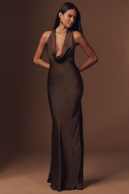 Sau Lee Pearl Satin Plunging Cowl Neck Bias-cut Sheath Maxi Dress