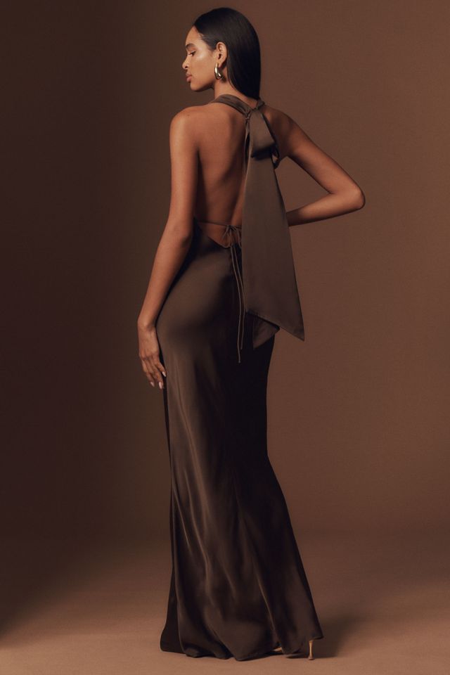 SAU LEE Pearl Satin Plunging Cowl Neck Bias-Cut Sheath Maxi Dress #3