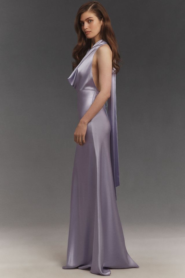 SAU LEE Pearl Satin Plunging Cowl Neck Bias-Cut Sheath Maxi Dress #3