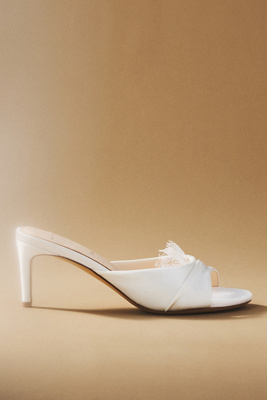 Black Suede Studio Lacey Ruched Satin Mule Heels In White