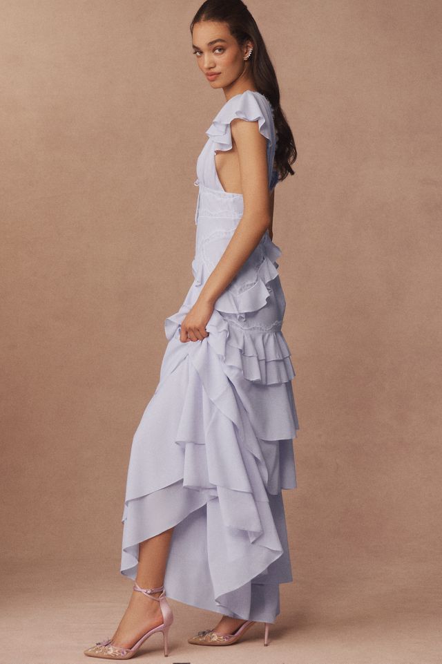 For Love & Lemons Adriana Silk Blend V-Neck Ruffle A-Line Maxi Dress #3