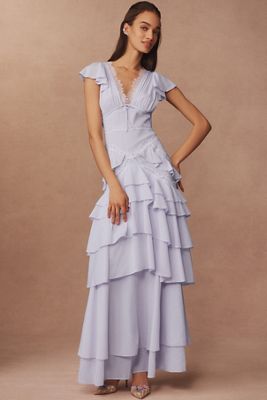 For Love & Lemons Adriana Silk Blend V-Neck Ruffle A-Line Maxi Dress