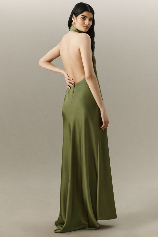 halter neck satin dress Olive Green Bow Back Halter Neck Dress – Désir Couture