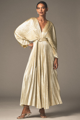 Acler Westover Long-sleeve V-neck Belted Pleated Maxi Dress In Neutral