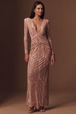 Long-Sleeve Plunge-Neck Printed Maxi Dress