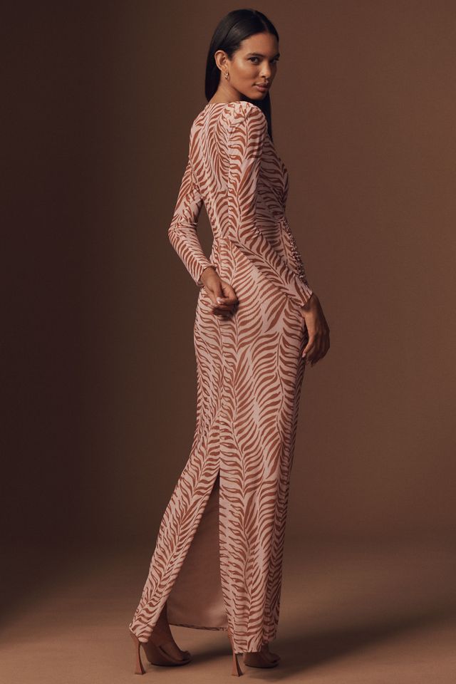 PatBO Long-Sleeve Plunge-Neck Printed Maxi Dress #1