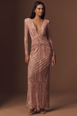 PatBO Long-Sleeve Plunge-Neck Printed Maxi Dress