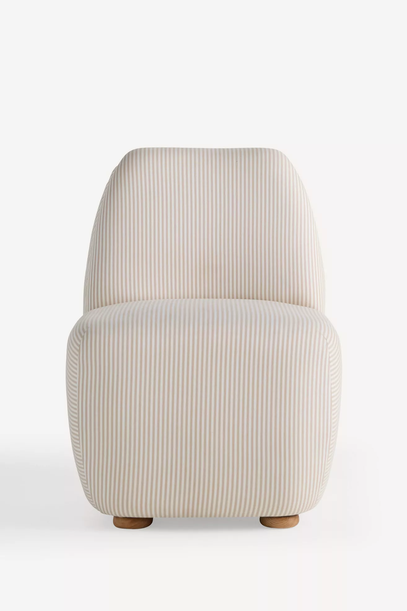 Front view of the striped slipper chair showing striped upholstery and rounded edges