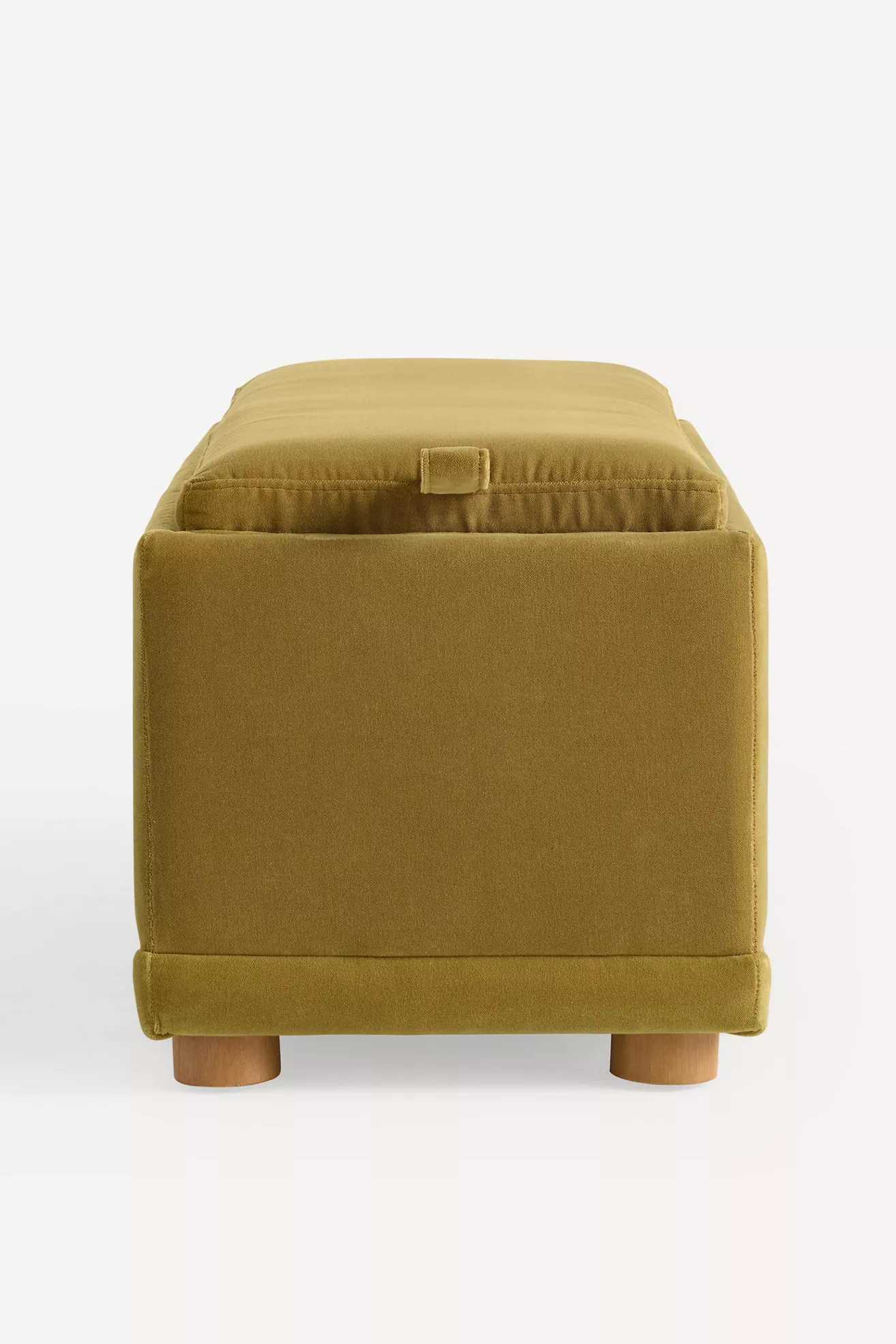 Back view of mustart velvet storage ottoman