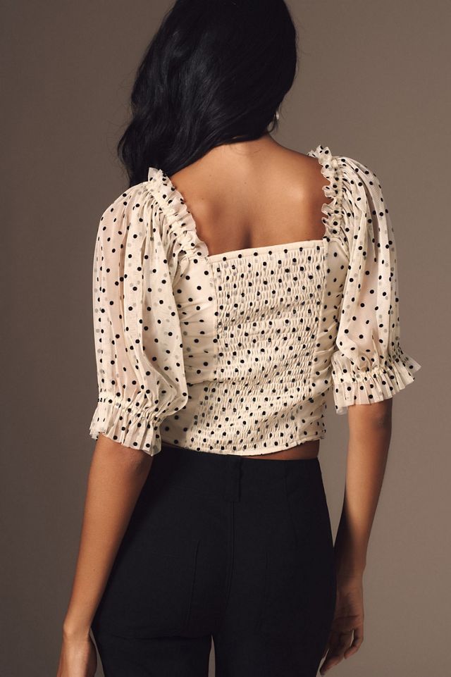 Maeve Short-Sleeve Mesh Ruched Top #1