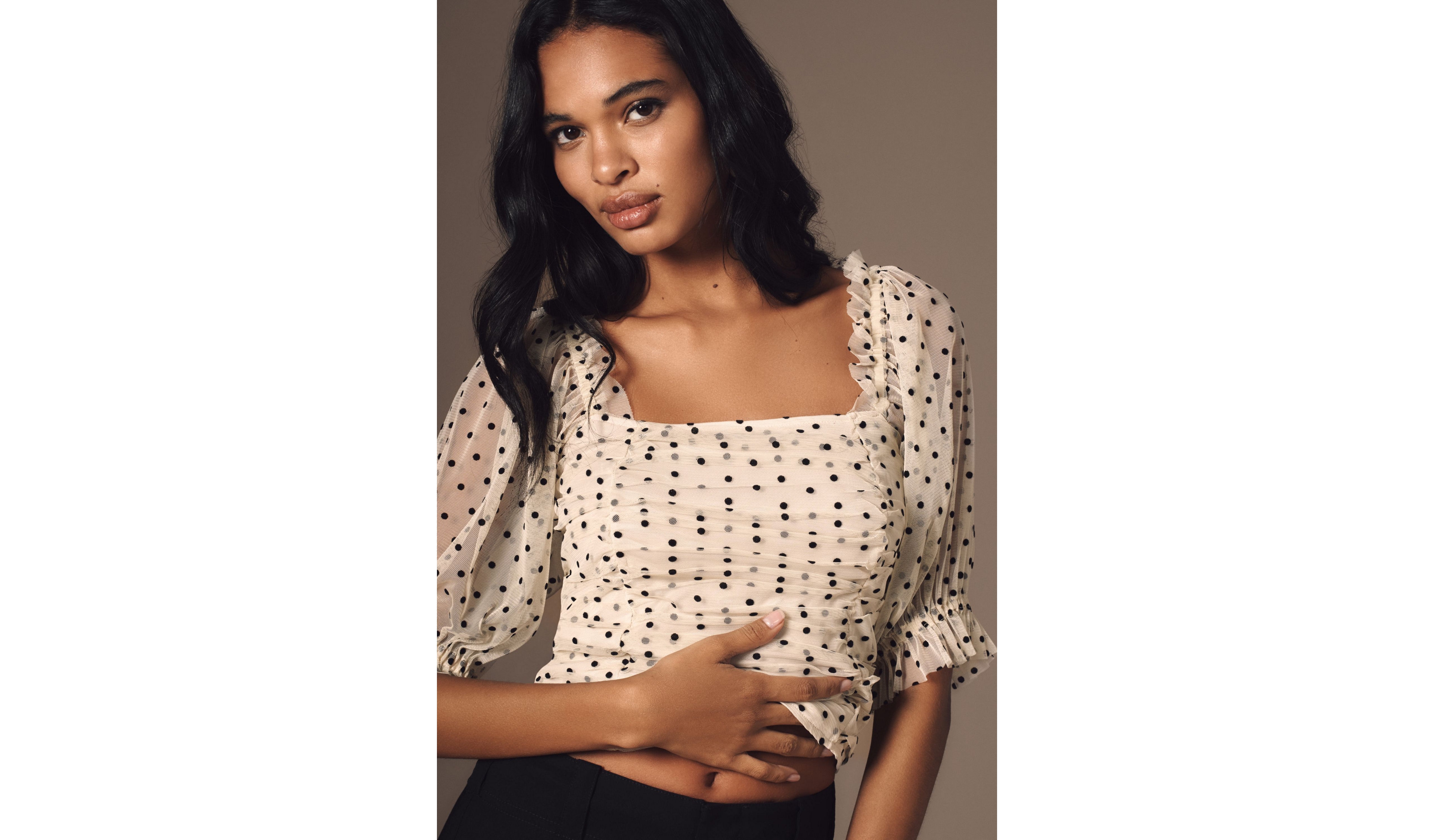 Maeve Short-Sleeve Mesh Ruched Top