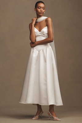 Rickey Strapless Basque-Waist A-Line Midi Dress with Scarf