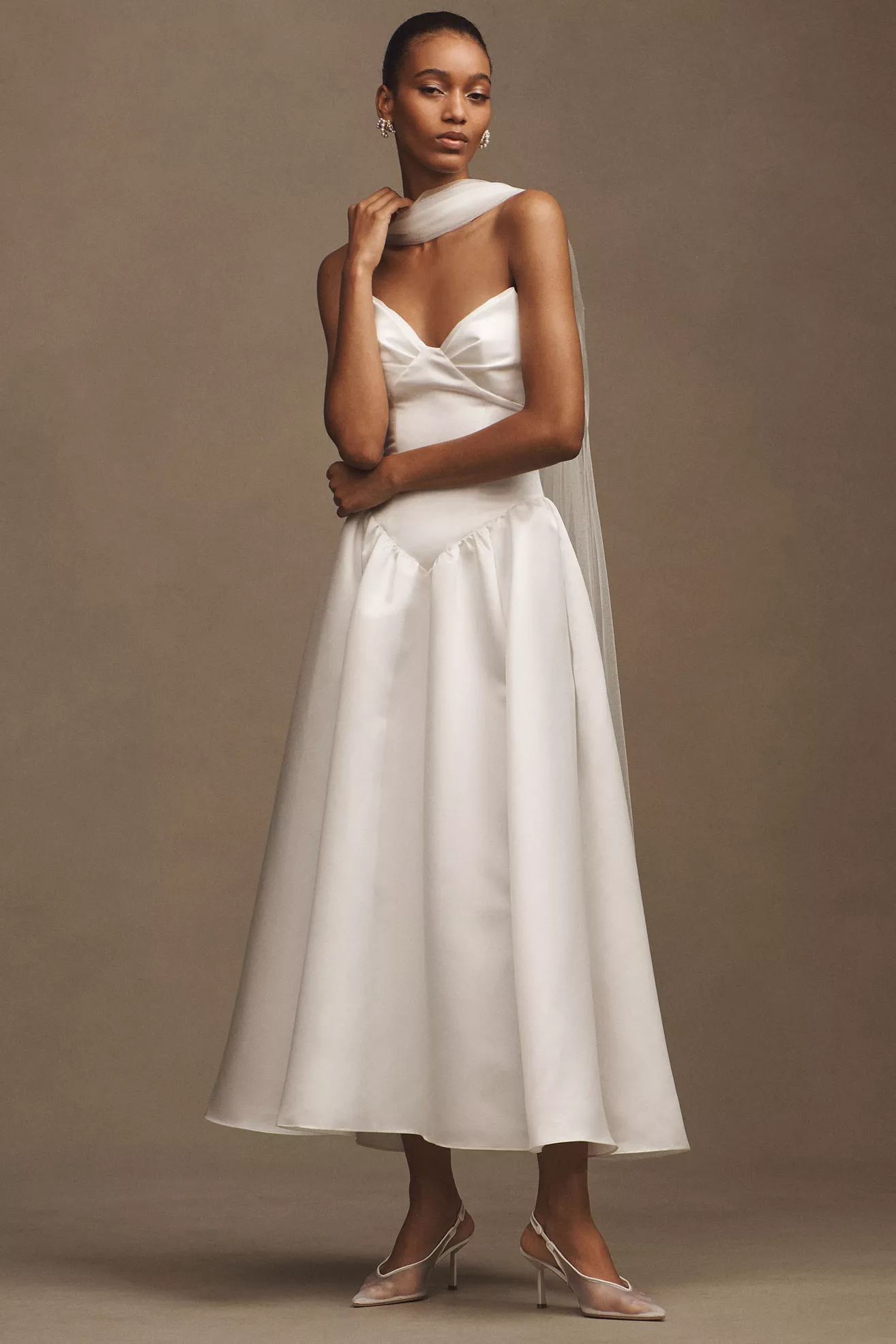 Watters Rickey Strapless Basque-Waist A-Line Midi Dress with Scarf