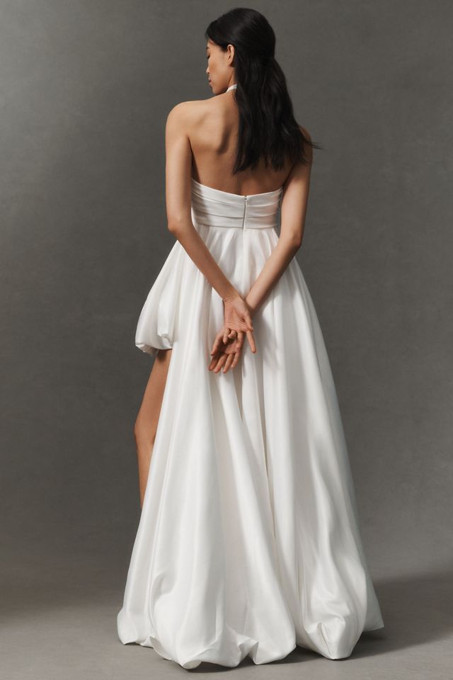 【Mac Duggal】White Strapless Satin Midi Dress 関税送料込 White Strapless Satin Midi Dress With Flower Print - Mac Duggal