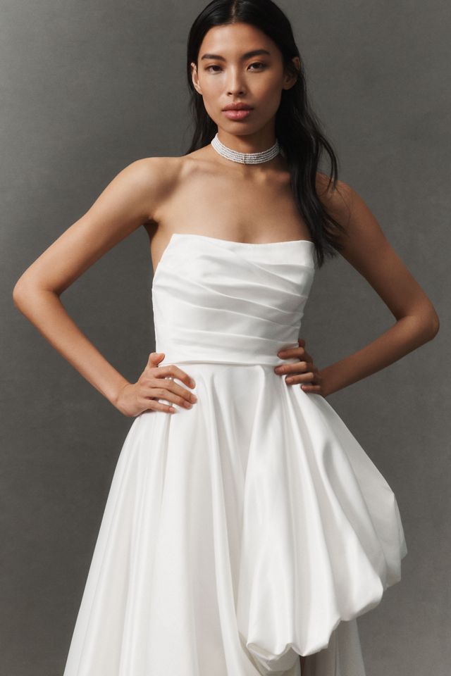 【Mac Duggal】White Strapless Satin Midi Dress 関税送料込 White Strapless Satin Midi Dress With Flower Print – HOUSE