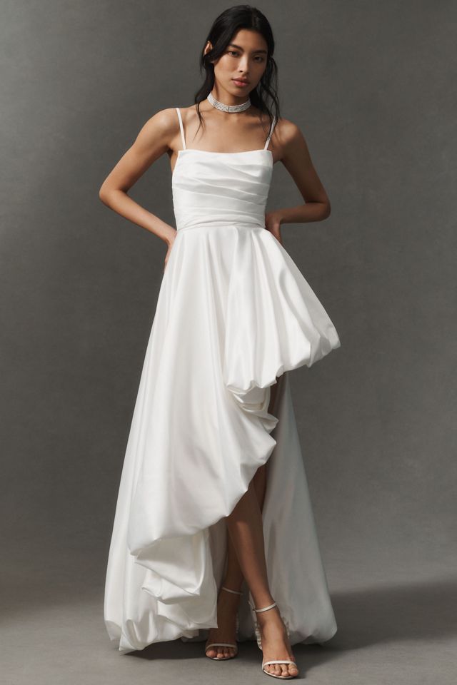 【Mac Duggal】White Strapless Satin Midi Dress 関税送料込 White Strapless Satin Midi Dress With Flower Print - Mac Duggal