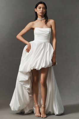 Mac Duggal Strapless Asymmetric Satin Bubble Maxi Dress