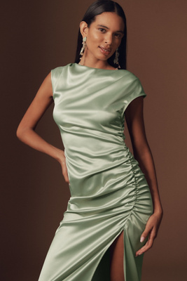 BHLDN FRANCESCA HIGH-NECK STRETCH SATIN MAXI DRESS 