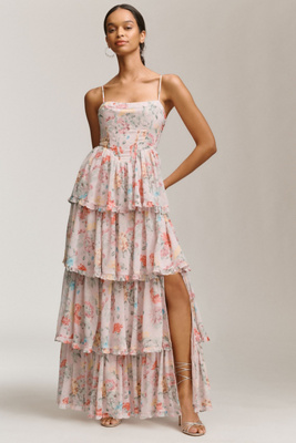 knee length dresses for ladies Blue V Neck Lace Tiered Ruffle Gown main image 1