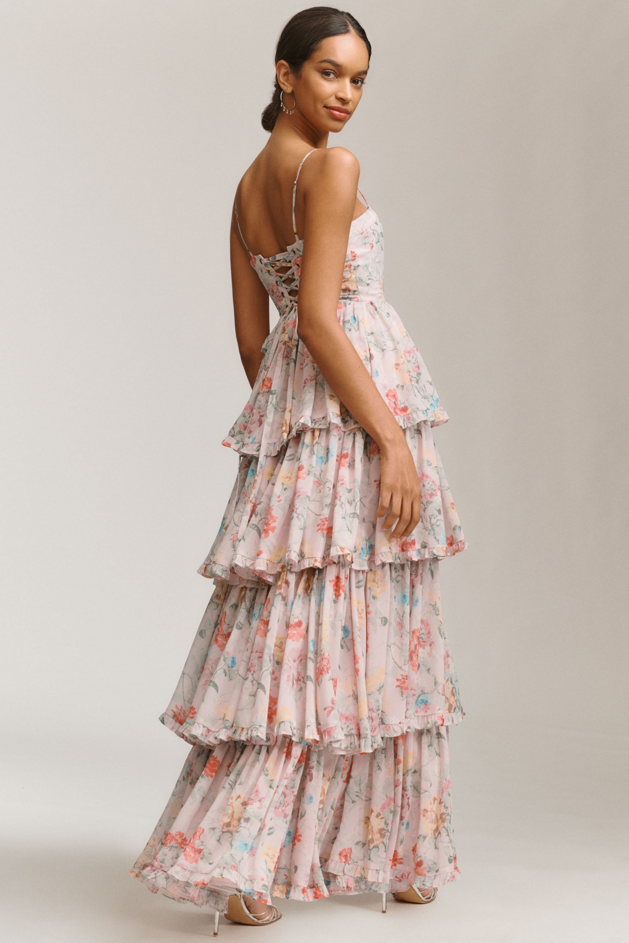 BHLDN Sleeveless Corset Floral Tiered Ruffled Maxi Dress