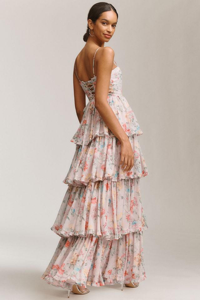 BHLDN Sleeveless Corset Floral Tiered Ruffled Maxi Dress #1